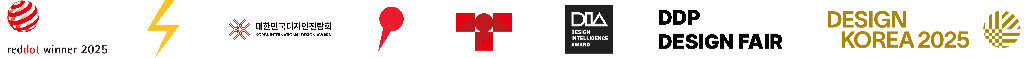 Awards & Partners — Red Dot, Spark Design Awards, KDM, Pin Up, DIA, DDP Design Fair, Design Korea